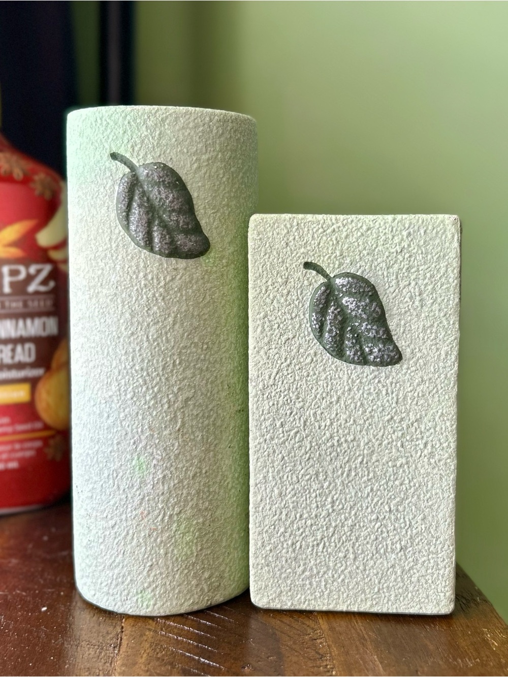 Vintage Rustic Textured Nature Leaf Green Candlestick Holders By Partylite